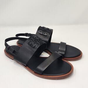 Tory Burch Melinda Black Calf Leather Logo Slingback Sandals Women Size 7.5 M